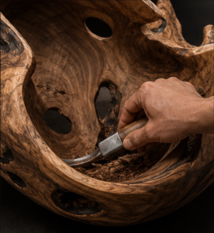 A hand carving the interior of an open sculptural wooden form.