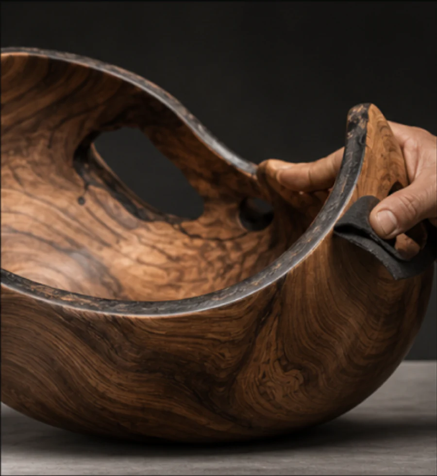 Hands refining the dark natural edge of a sculptural wooden vessel.