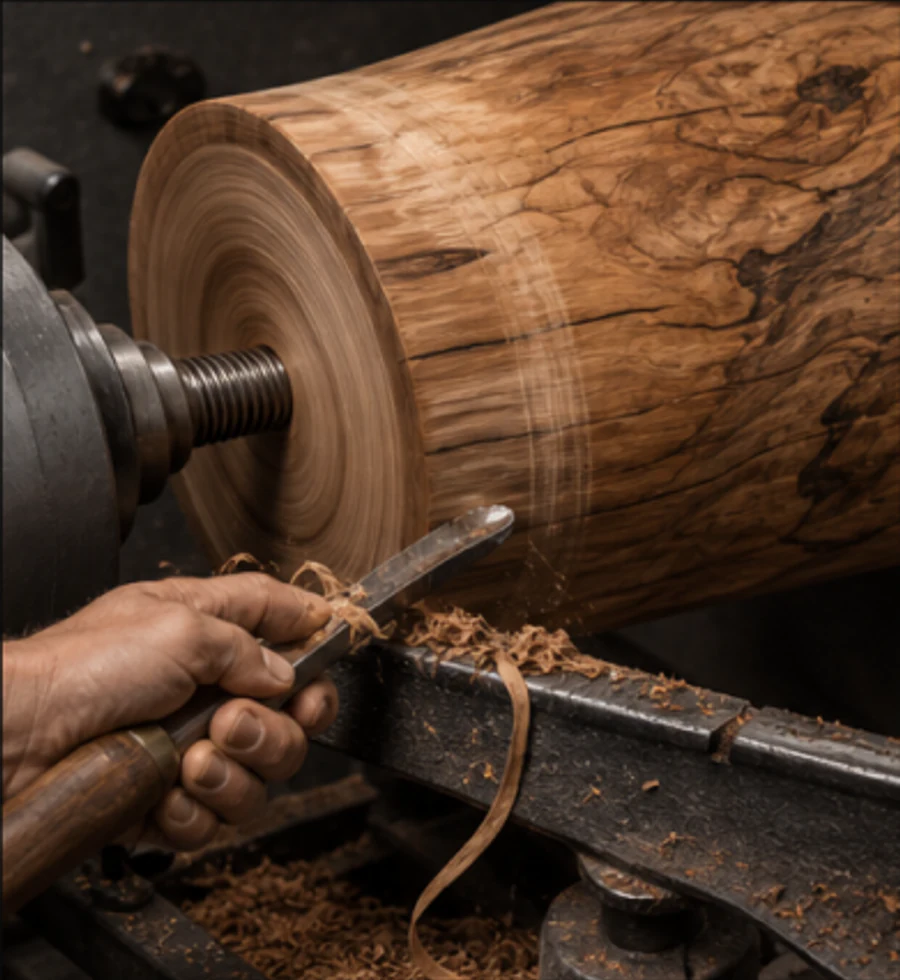 A woodturner shaping a hardwood log on a lathe with a chisel.