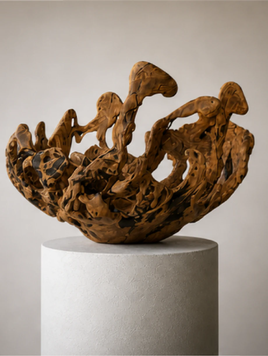 Open sculptural wood form resting on a pale cylindrical plinth.