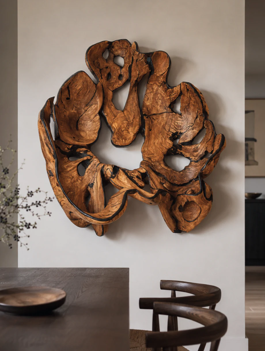 Large organic wood sculpture installed on a pale interior wall.
